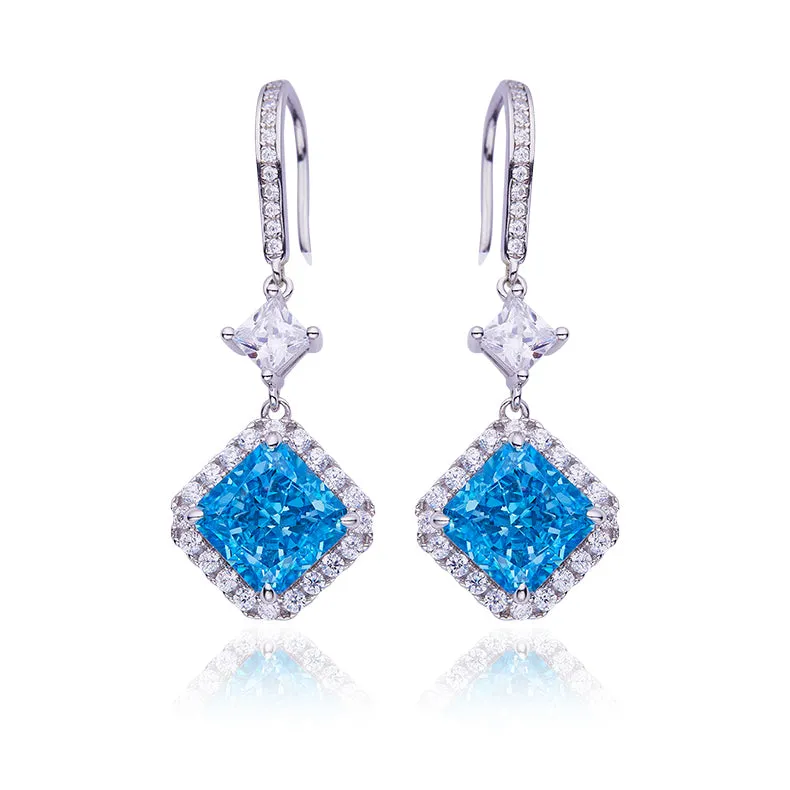 4.0Carat Square Blue Zircon Hook Earrings