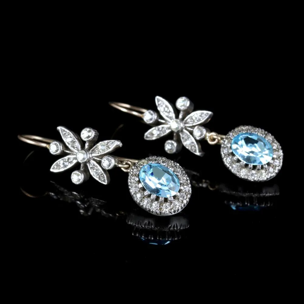 Antique Victorian Paste Blue Zircon Long Earrings Silver Circa 1900