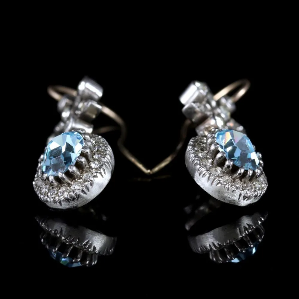 Antique Victorian Paste Blue Zircon Long Earrings Silver Circa 1900
