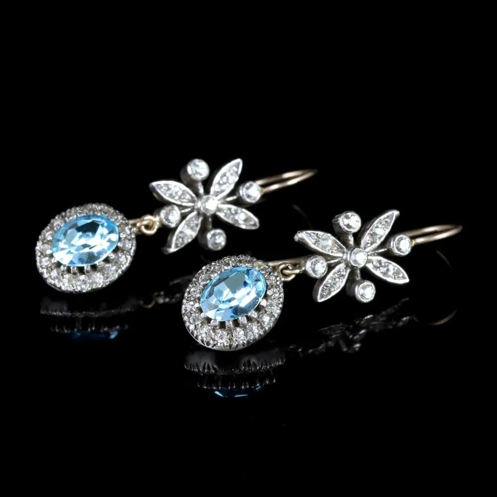 Antique Victorian Paste Blue Zircon Long Earrings Silver Circa 1900