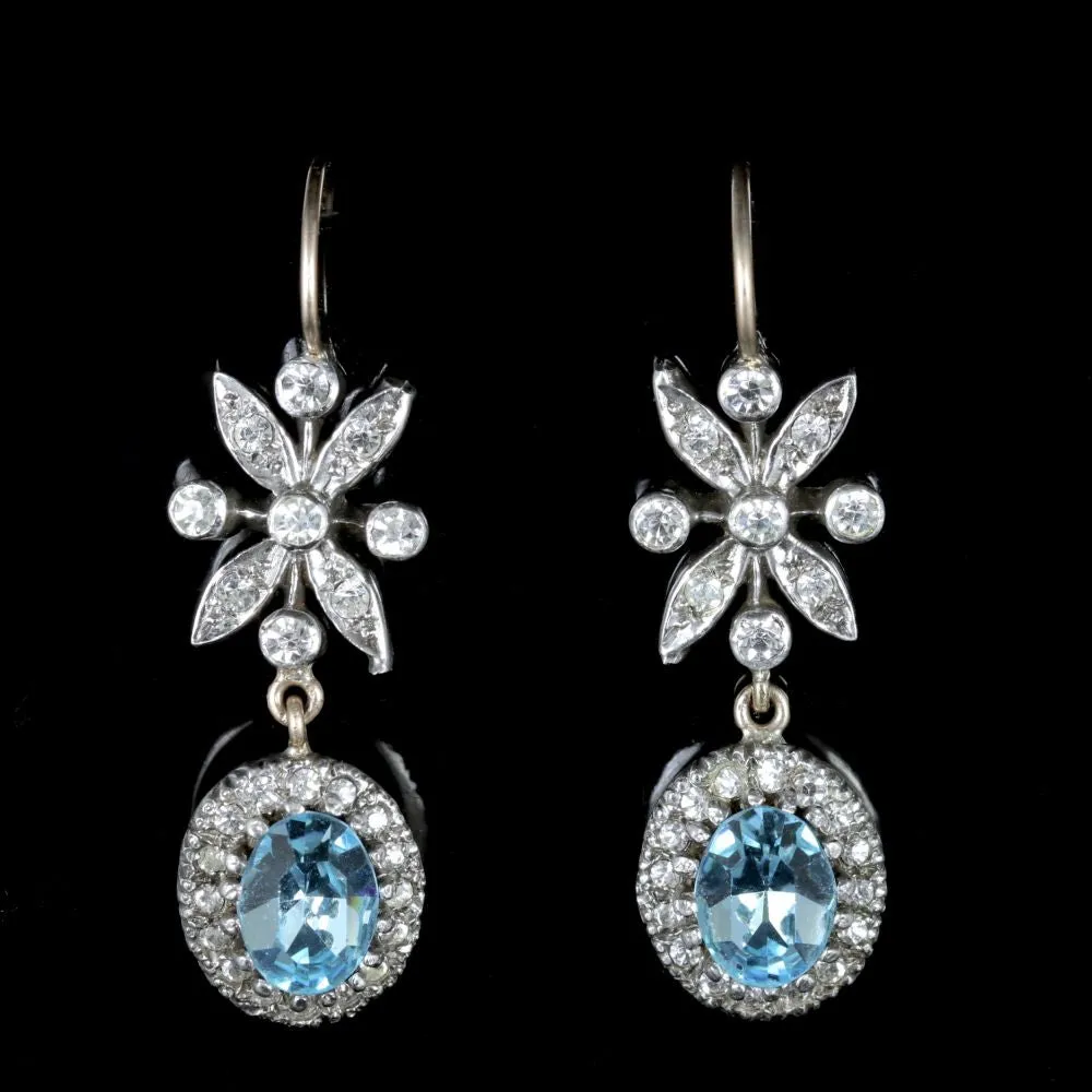 Antique Victorian Paste Blue Zircon Long Earrings Silver Circa 1900