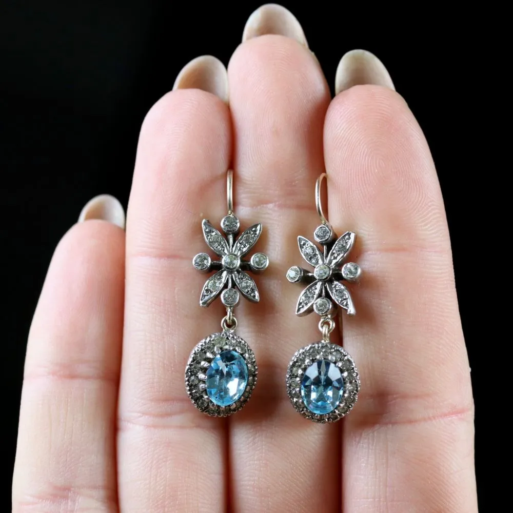 Antique Victorian Paste Blue Zircon Long Earrings Silver Circa 1900
