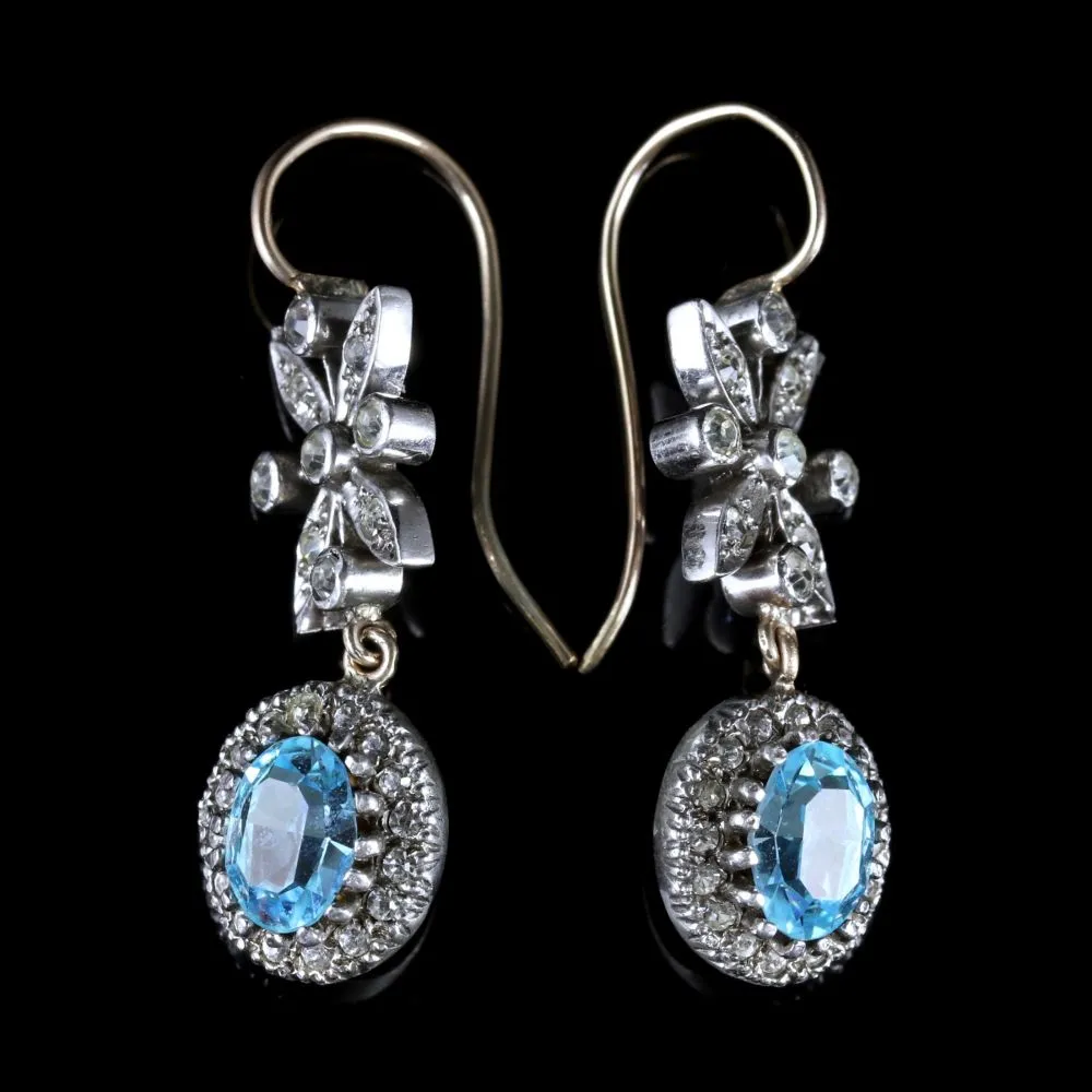 Antique Victorian Paste Blue Zircon Long Earrings Silver Circa 1900