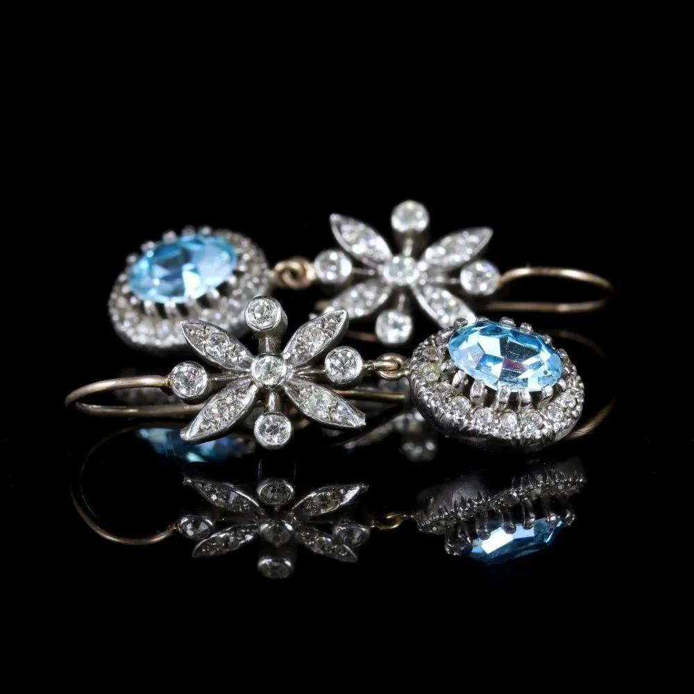 Antique Victorian Paste Blue Zircon Long Earrings Silver Circa 1900