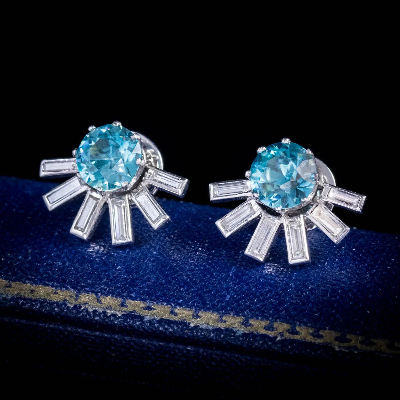 Art Deco Style Blue Zircon Diamond Stud Earrings 18ct Gold