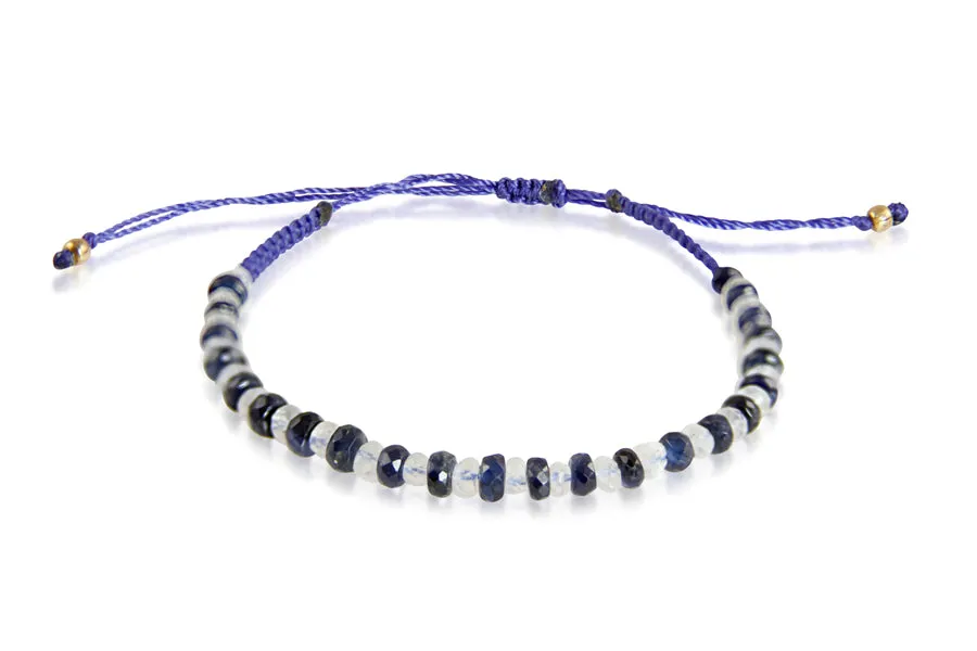 Bracelet - Beaded Macrame String Blue Sapphire & Moonstone