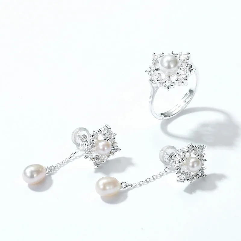 Christmas Pearl Zircon Snowflake Tassel Sterling Silver Drop Earrings