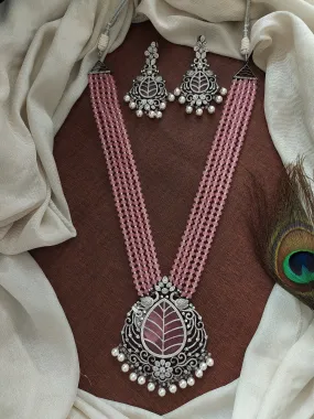 Designer Zircon Stone Mala Set with Pink Beads Pendant & Matching Earrings