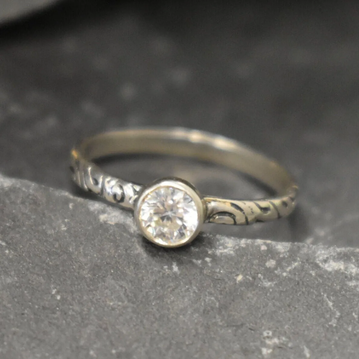 Diamond Promise Ring - Tribal Boho Ring - Engraved Silver Band