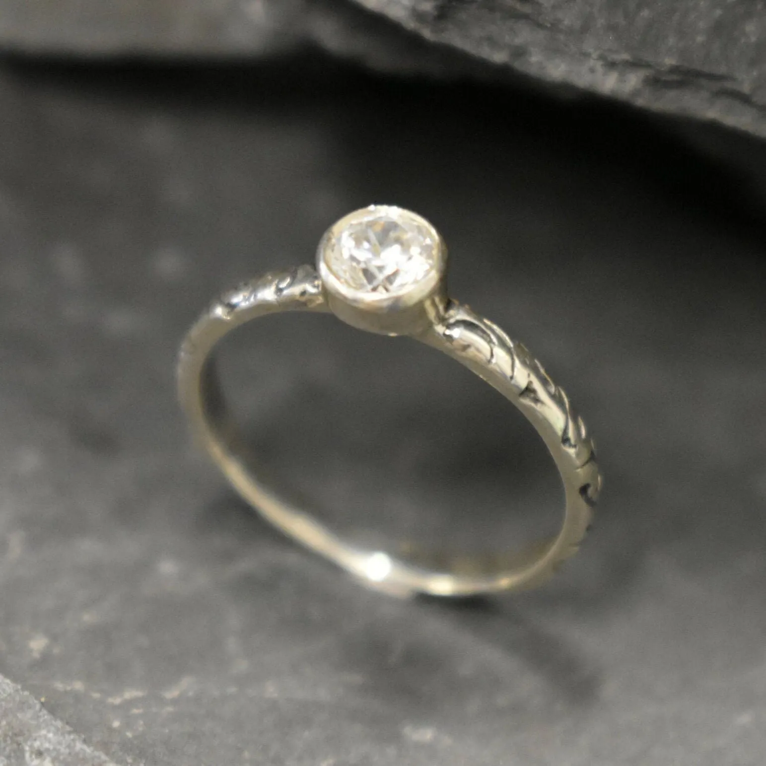 Diamond Promise Ring - Tribal Boho Ring - Engraved Silver Band