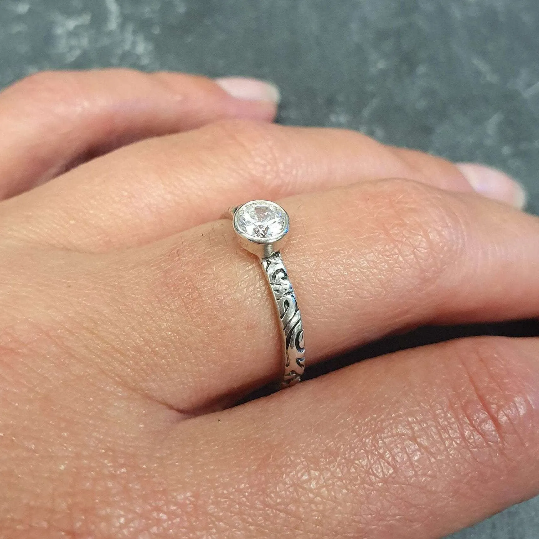 Diamond Promise Ring - Tribal Boho Ring - Engraved Silver Band