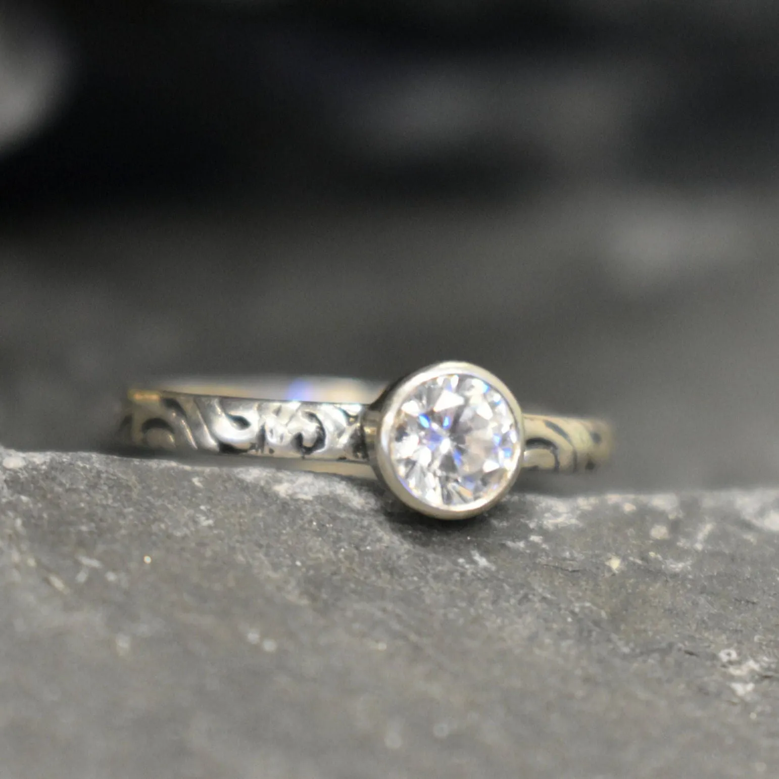 Diamond Promise Ring - Tribal Boho Ring - Engraved Silver Band