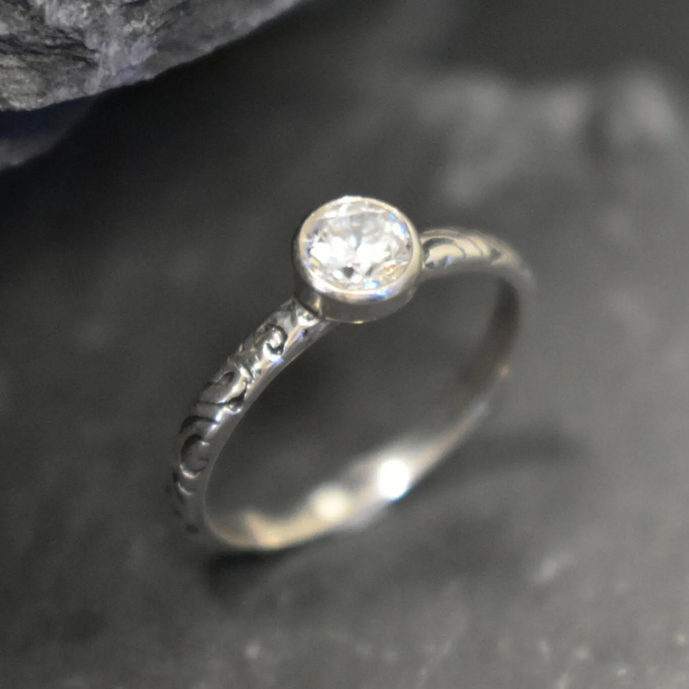 Diamond Promise Ring - Tribal Boho Ring - Engraved Silver Band