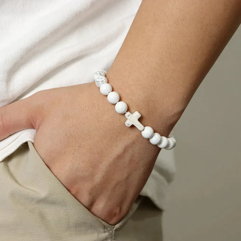 Fashion Jesus Cross Natural Stone Bracelet 8mm Round Tiger Eye Turquoises Agates Beads Charm Bracelets Women Men Jewelry Gift