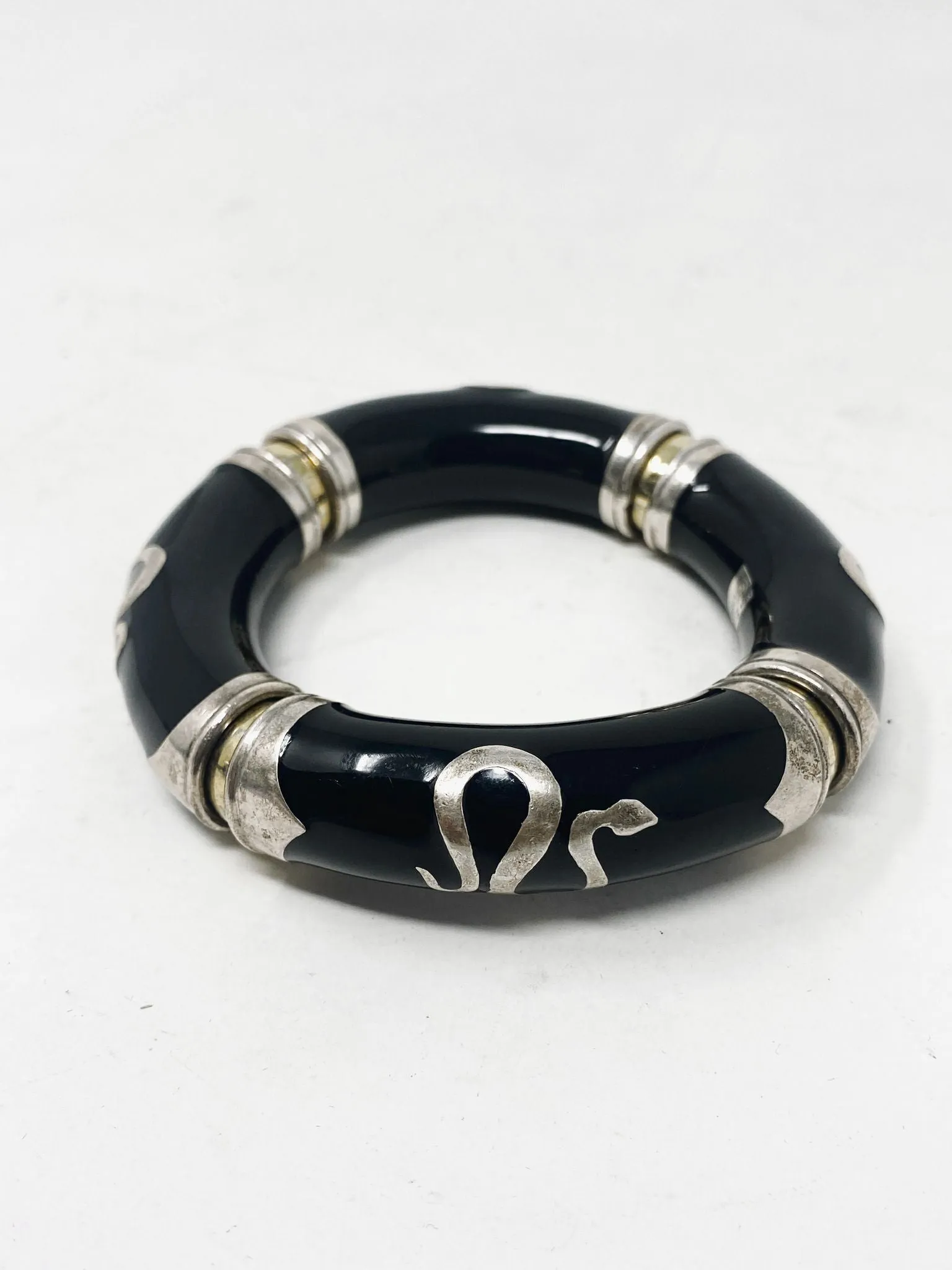 Gaston Lebo Sterling Silver Black Resin Snake Serpant Bracelet 2870-32-11121