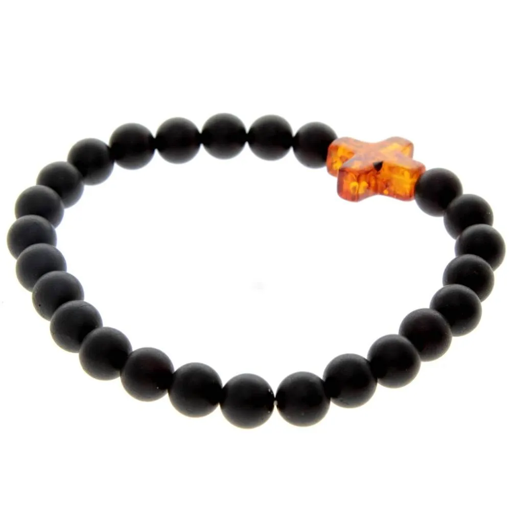 Genuine Baltic Amber Elastic Bracelet for Men with Amber Cross - MB010S