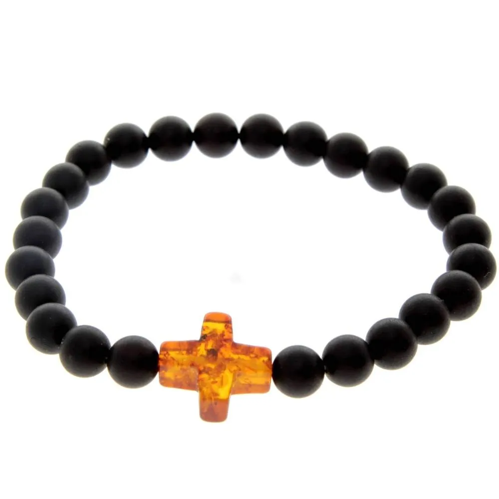 Genuine Baltic Amber Elastic Bracelet for Men with Amber Cross - MB010S