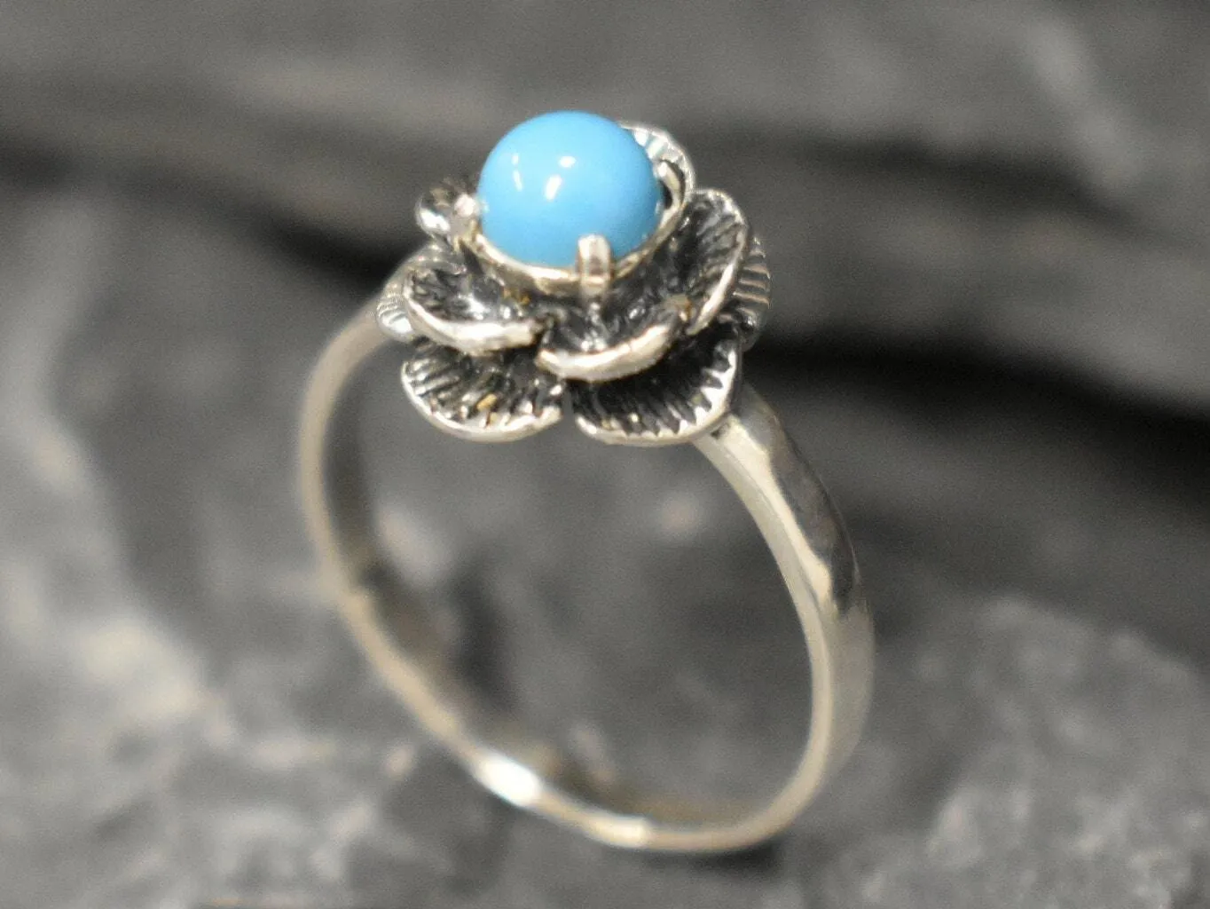 Genuine Turquoise Ring - Blue Solitaire Ring - Rose Flower Ring