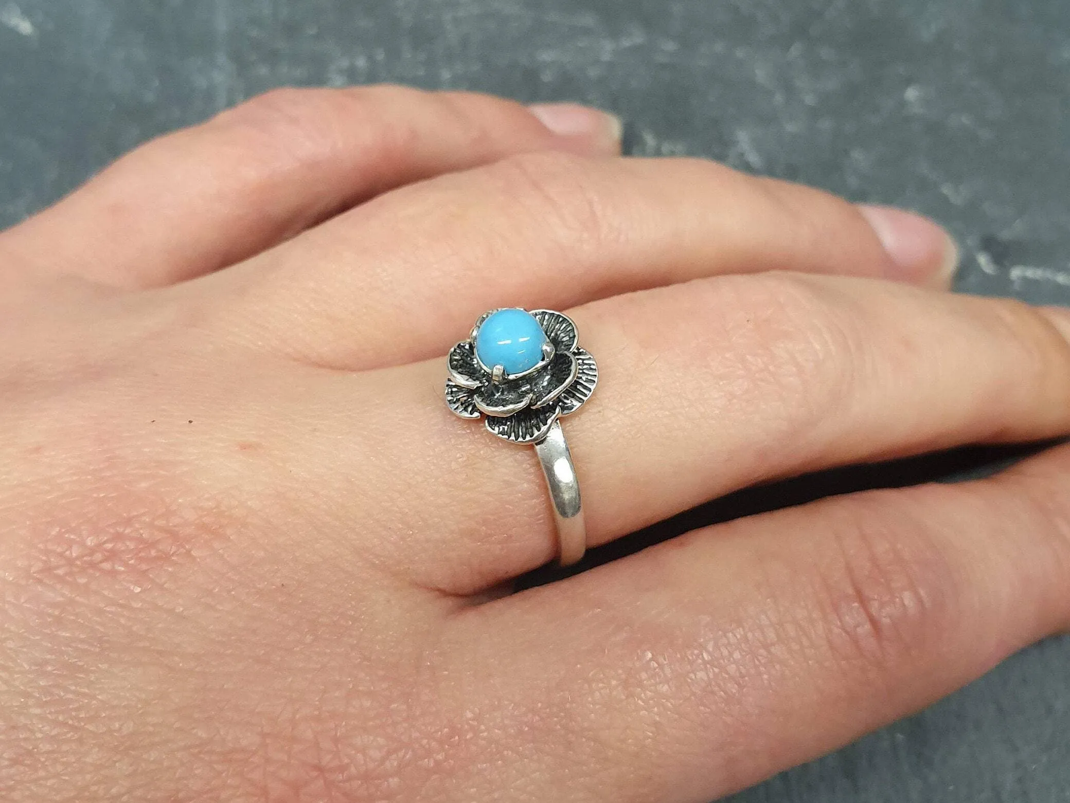 Genuine Turquoise Ring - Blue Solitaire Ring - Rose Flower Ring