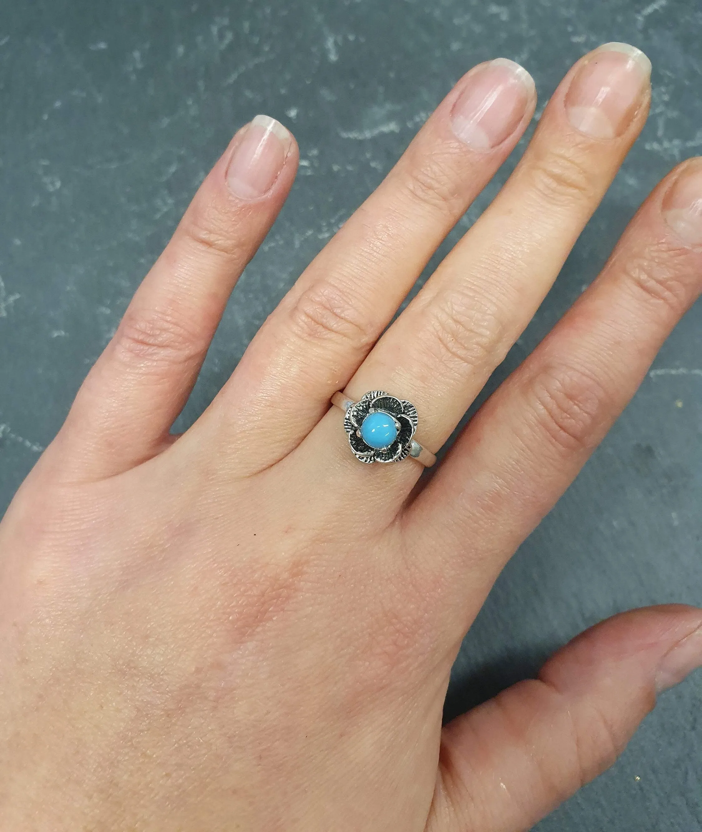 Genuine Turquoise Ring - Blue Solitaire Ring - Rose Flower Ring