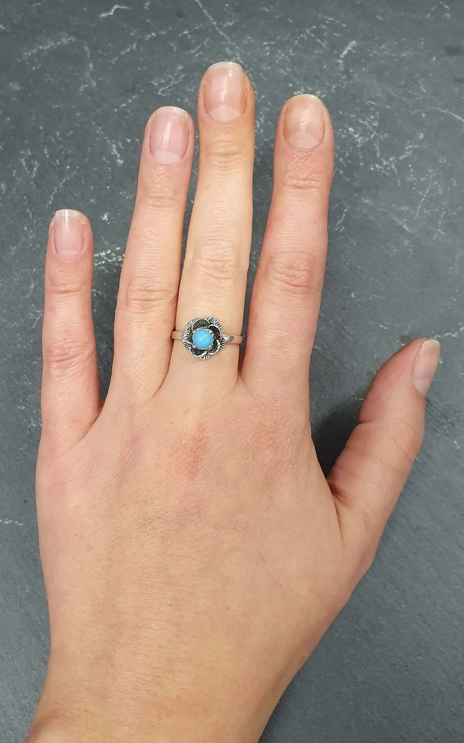 Genuine Turquoise Ring - Blue Solitaire Ring - Rose Flower Ring