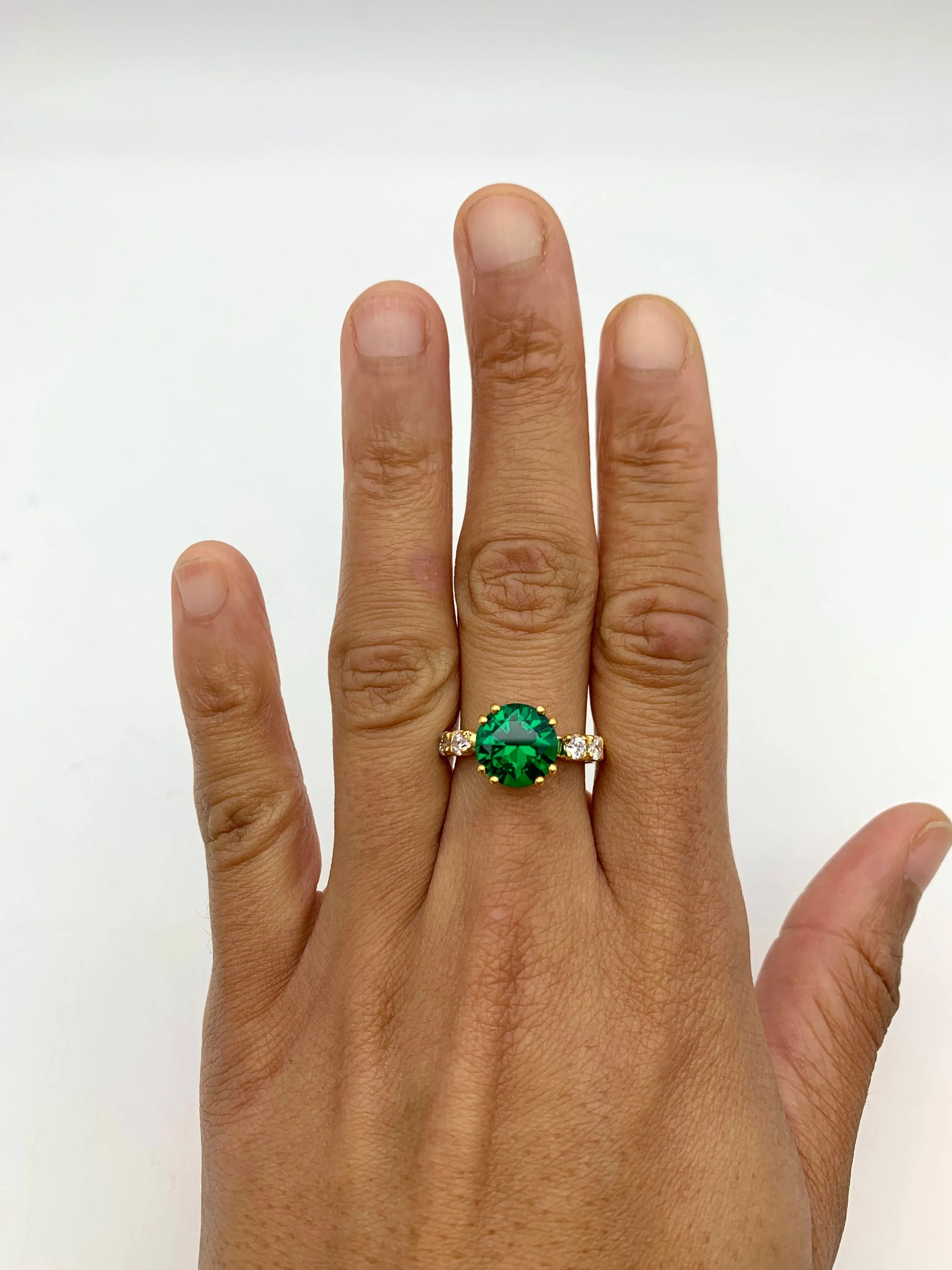 Gold Emerald Ring - Green Round Ring - VIntage Engagement Ring