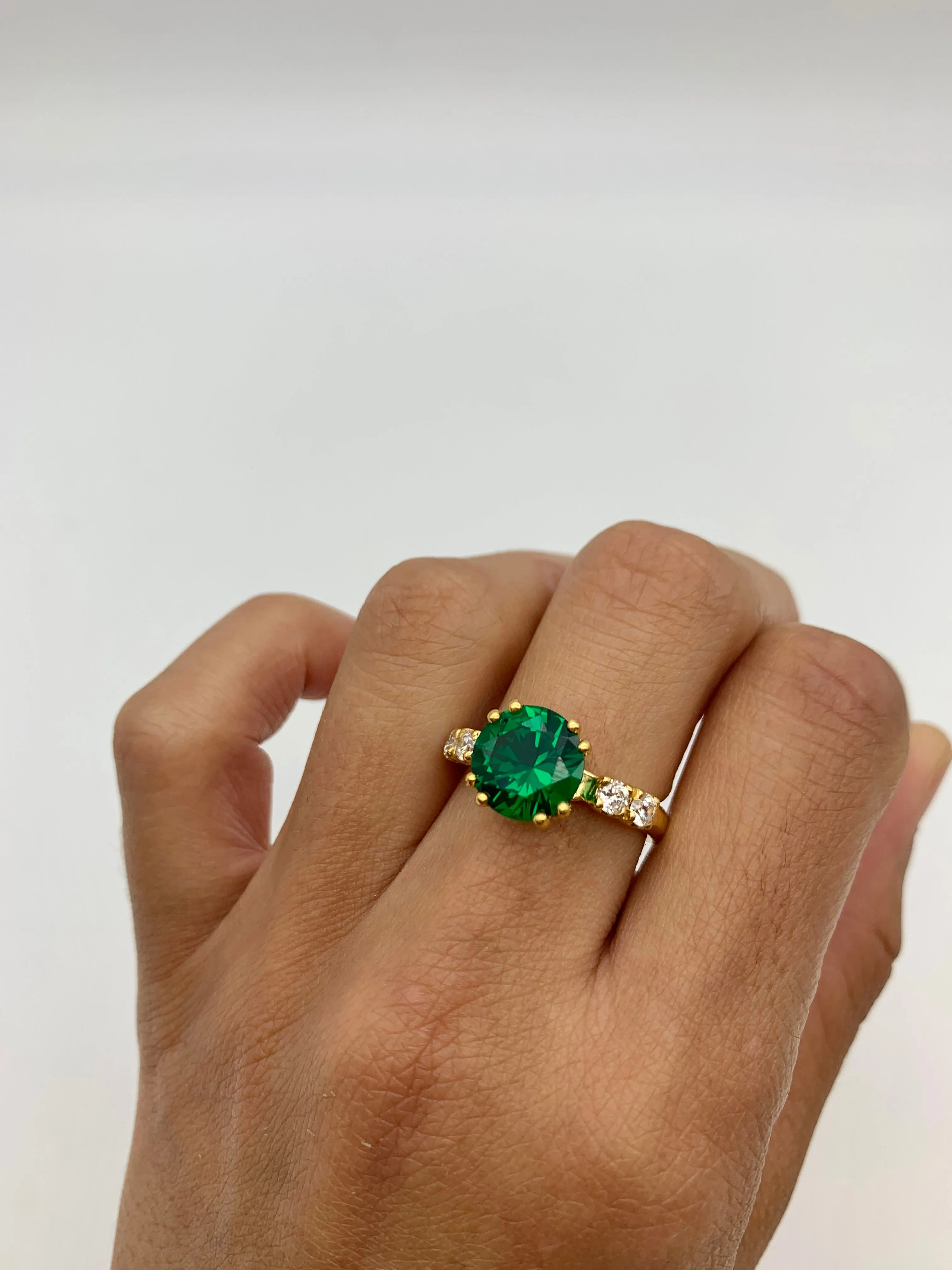Gold Emerald Ring - Green Round Ring - VIntage Engagement Ring