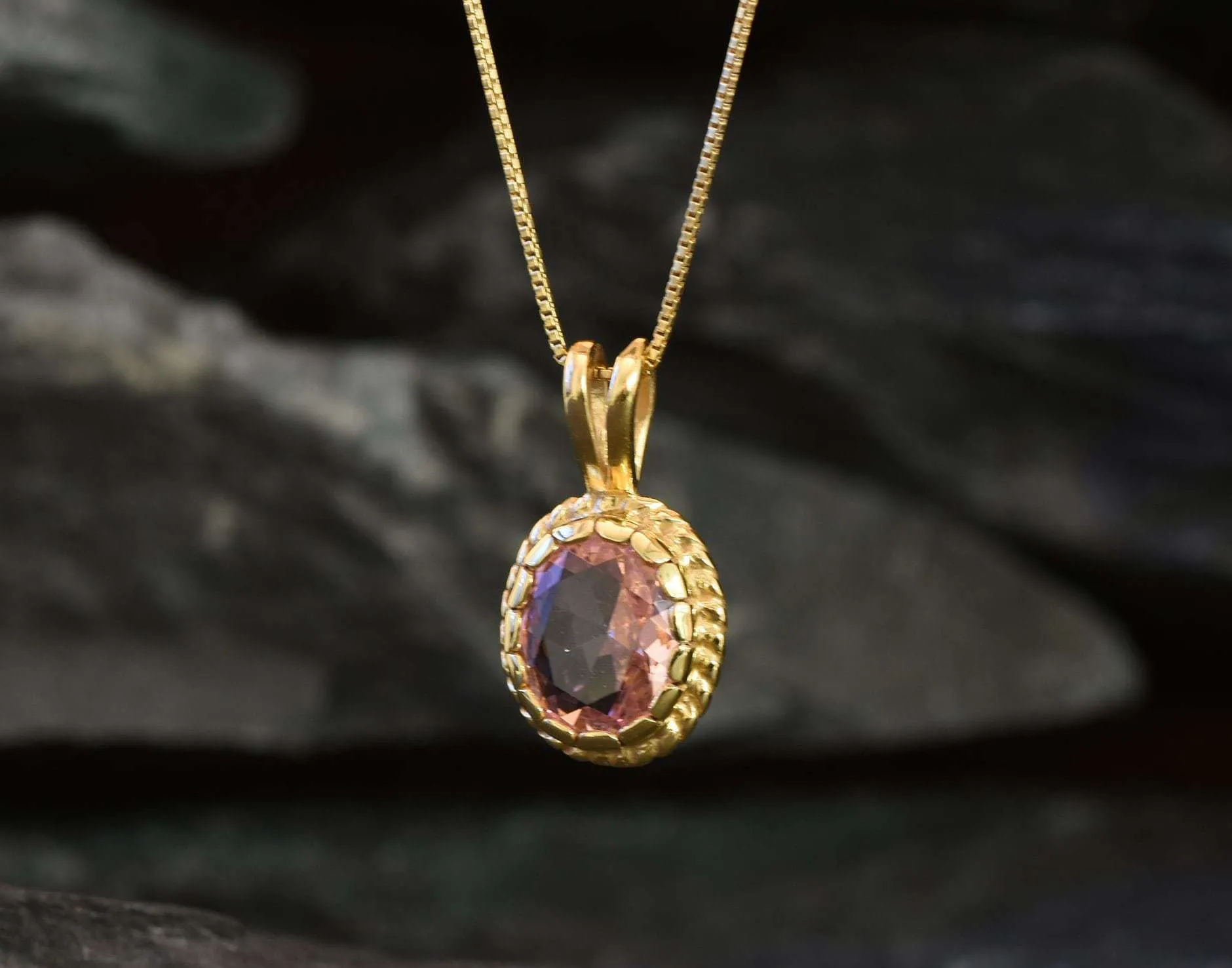 Gold Morganite Pendant - Vintage Morganite Necklace, Pink Oval Pendant