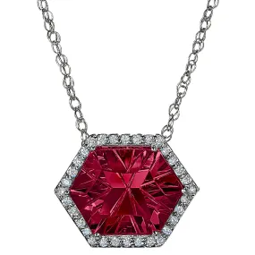 Halo Concave Hexagon Rhodolite and Diamond Necklace Worn Two Ways