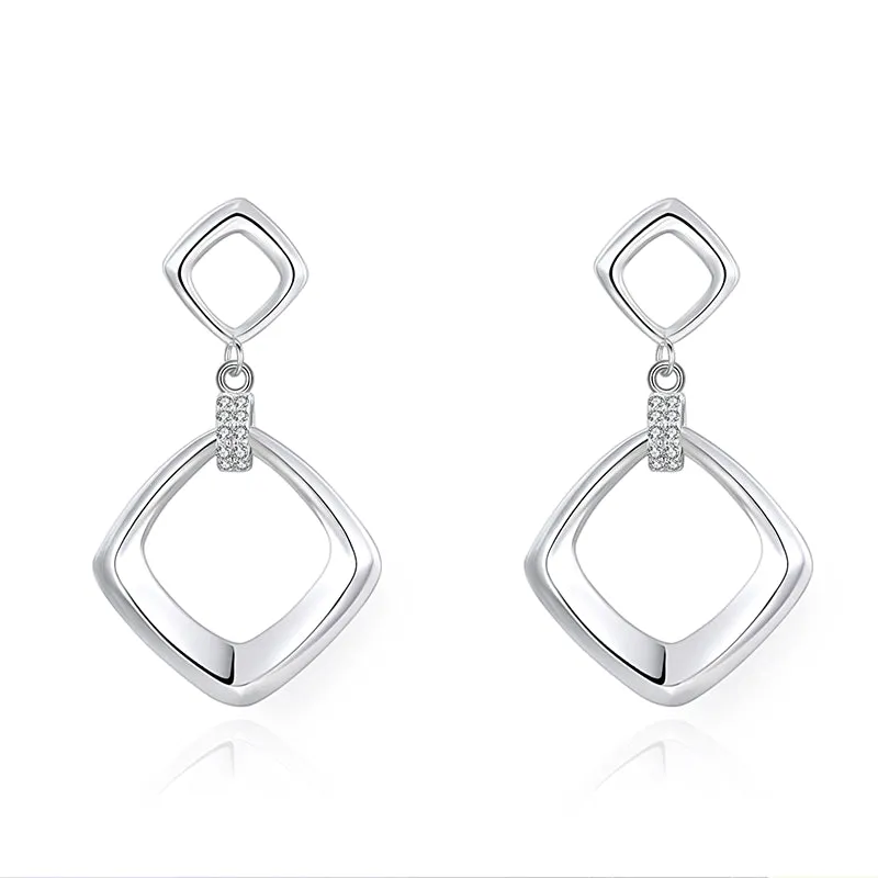 Hollow Rhombus Silver Drop Earrings for Women