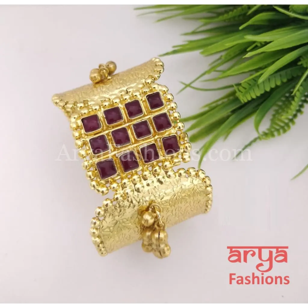 Maharani Golden Foil Kundan Handcarved Bracelet with Red stones, 2.4,2.6,2.8 size