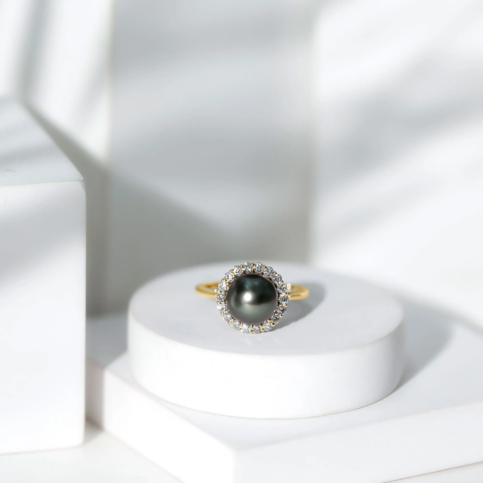 Natural Tahitian Pearl Solitaire with Diamond Halo Ring