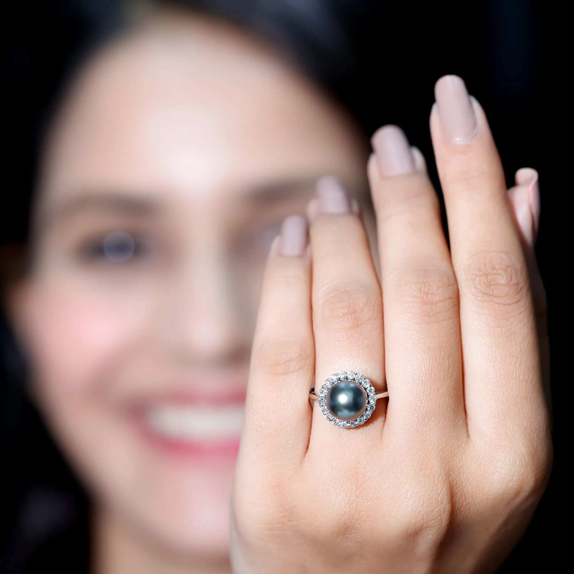 Natural Tahitian Pearl Solitaire with Diamond Halo Ring