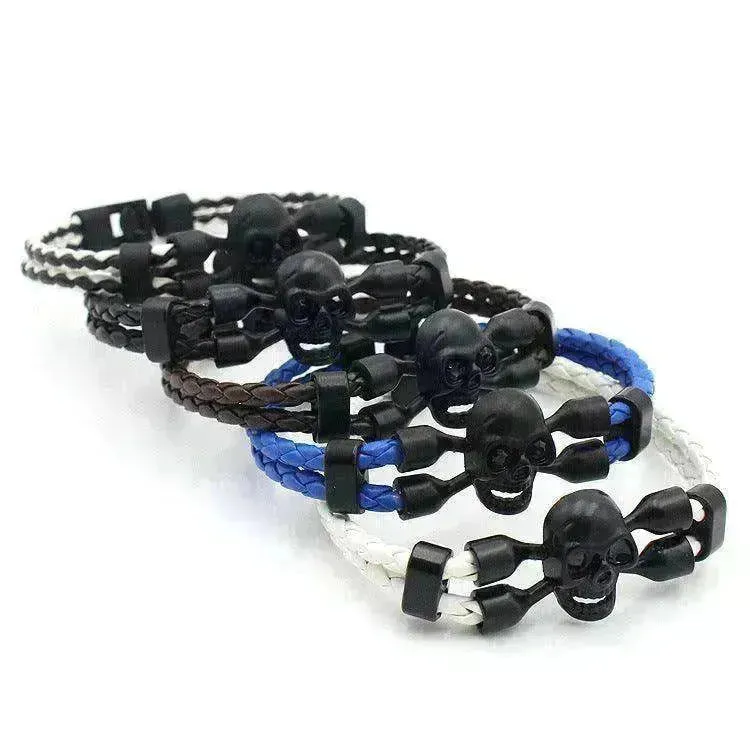 Neutral Stylish Men's Skull Black Buttons & Leather Bracelet