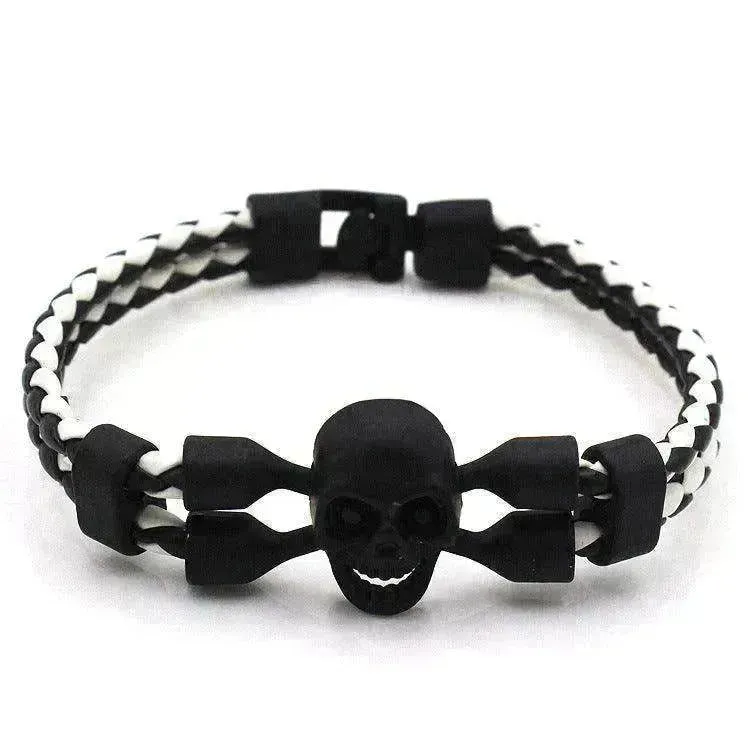 Neutral Stylish Men's Skull Black Buttons & Leather Bracelet