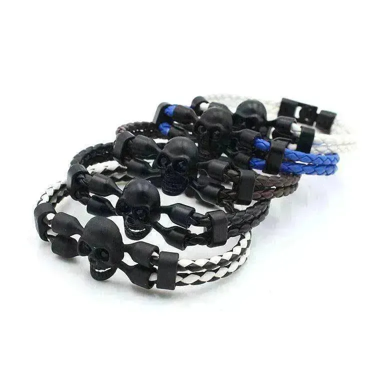 Neutral Stylish Men's Skull Black Buttons & Leather Bracelet
