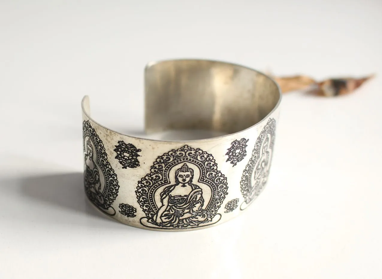 Pancha Buddha Carved White Metal Healing Cuff Bangle