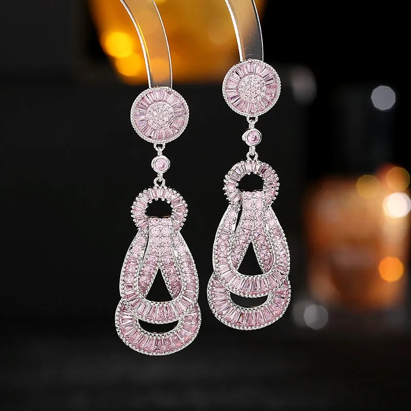 S925 Silver Needle  Cubic Zircon Inlaid Design Knot Earrings Light Luxury Long Wedding Party Earrings Wholesale LYG166