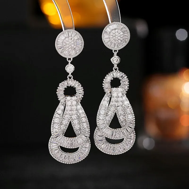 S925 Silver Needle  Cubic Zircon Inlaid Design Knot Earrings Light Luxury Long Wedding Party Earrings Wholesale LYG166