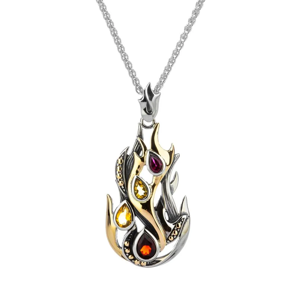 Silver and 10k Gold 'Fire' Element Pendant- Citrine-Rhodolite-Red Garnet