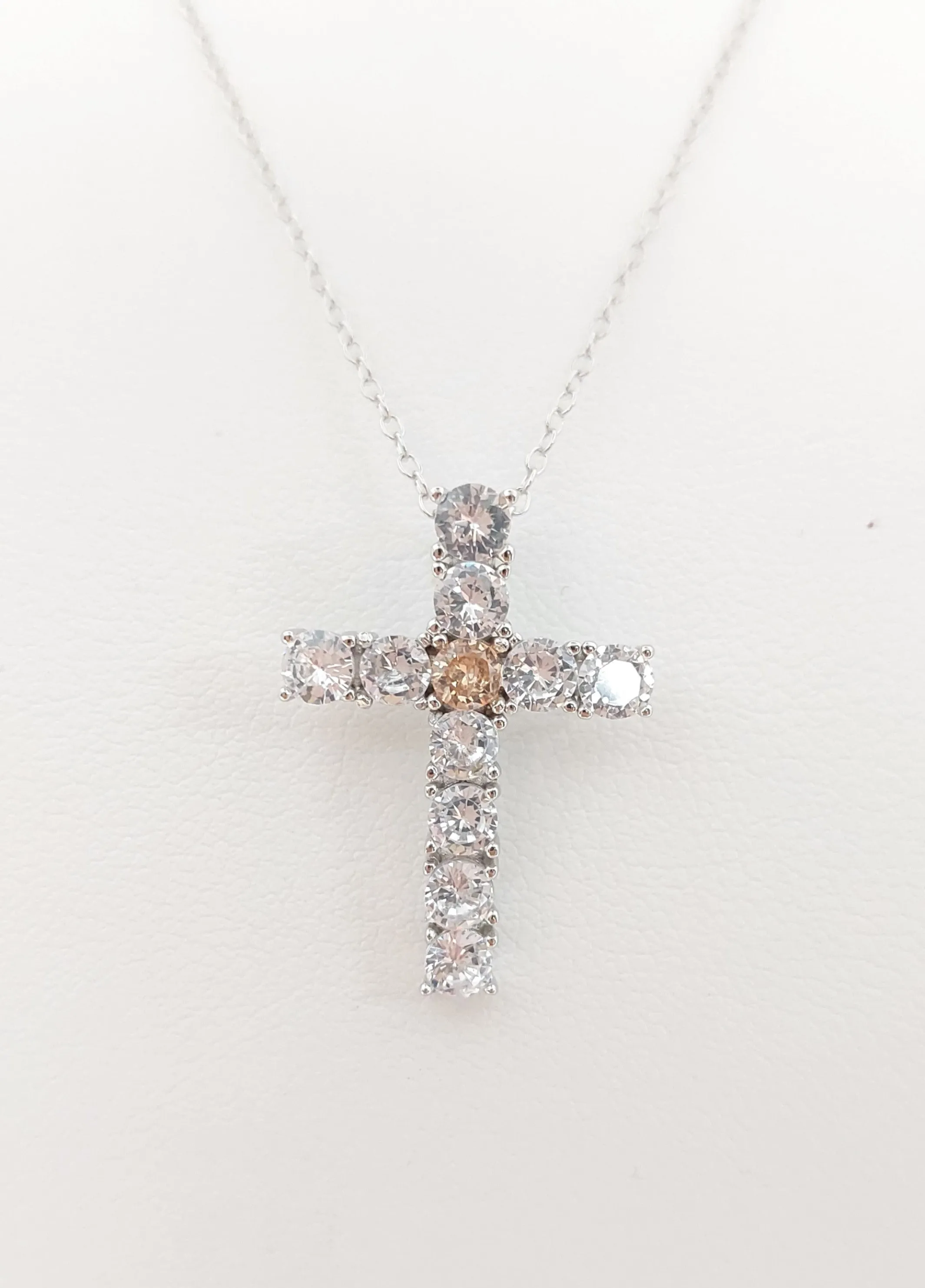 Silver Simulated Citrine/Diamond Cross Necklace