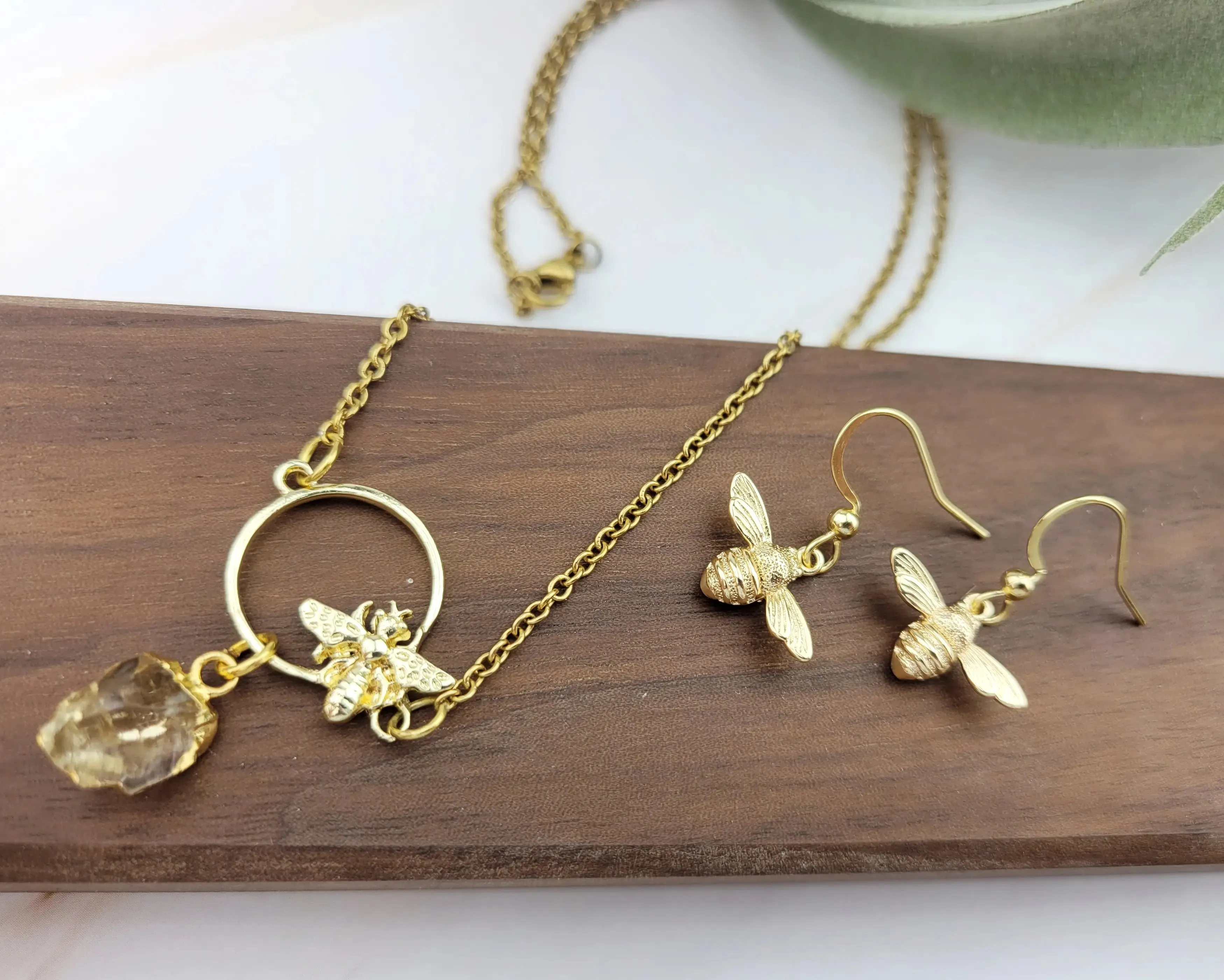 SpotLight Jewelry - 18k Gold Bee Jewelry Set - Bee Necklace and Earrings