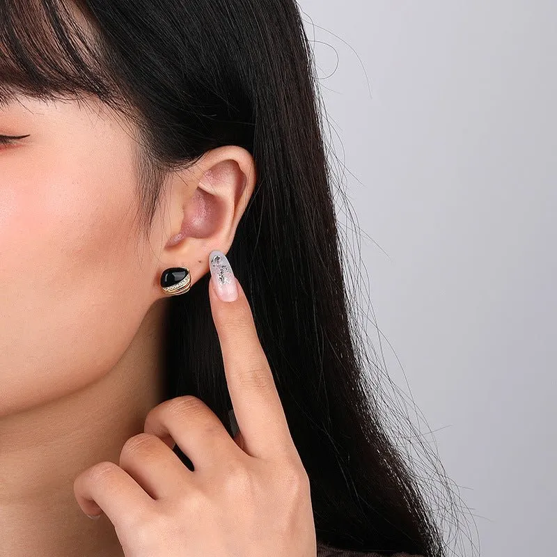Square Black Agate Stud Earrings - Gold Vermeil