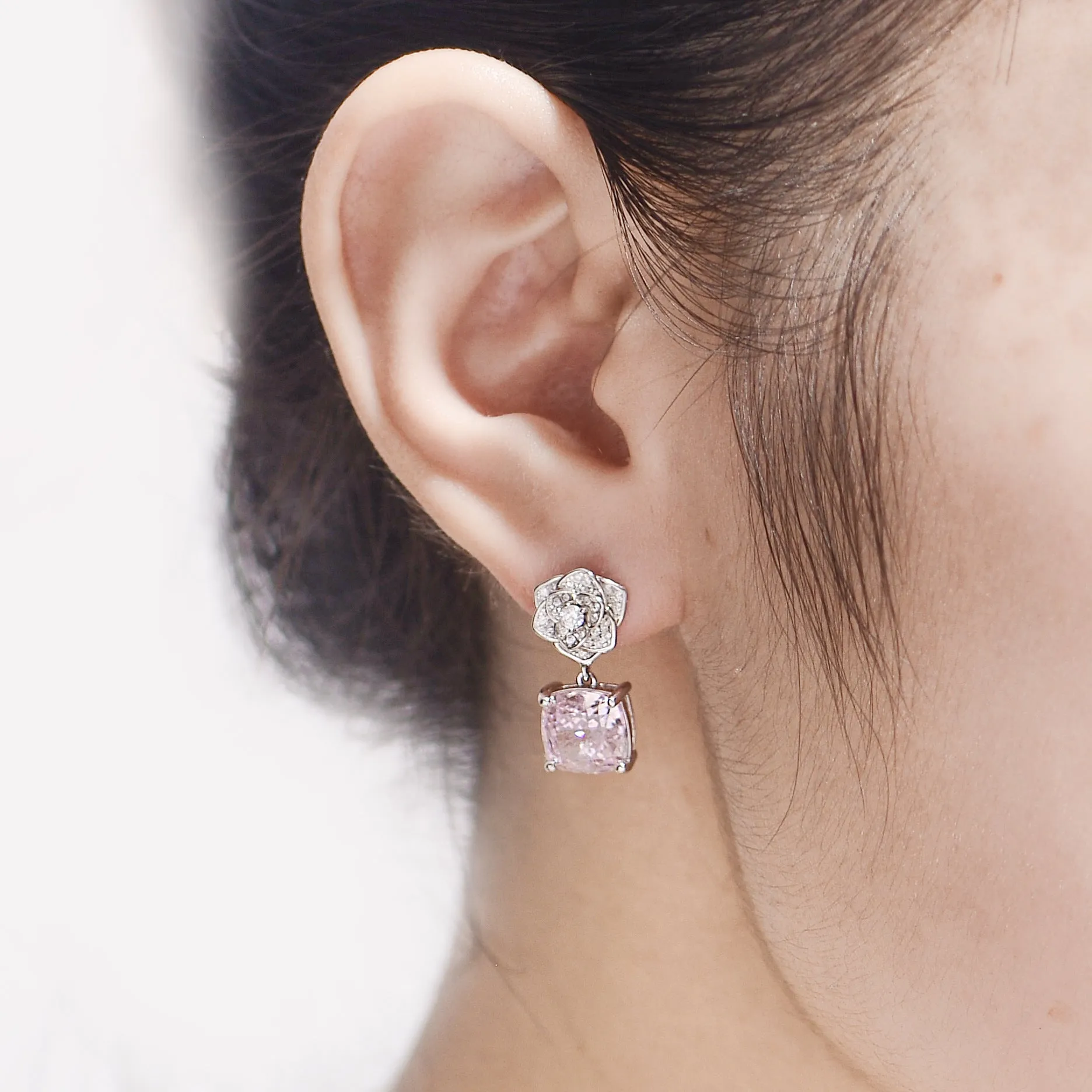 Square Pink Zircon Camellia Drop Earrings