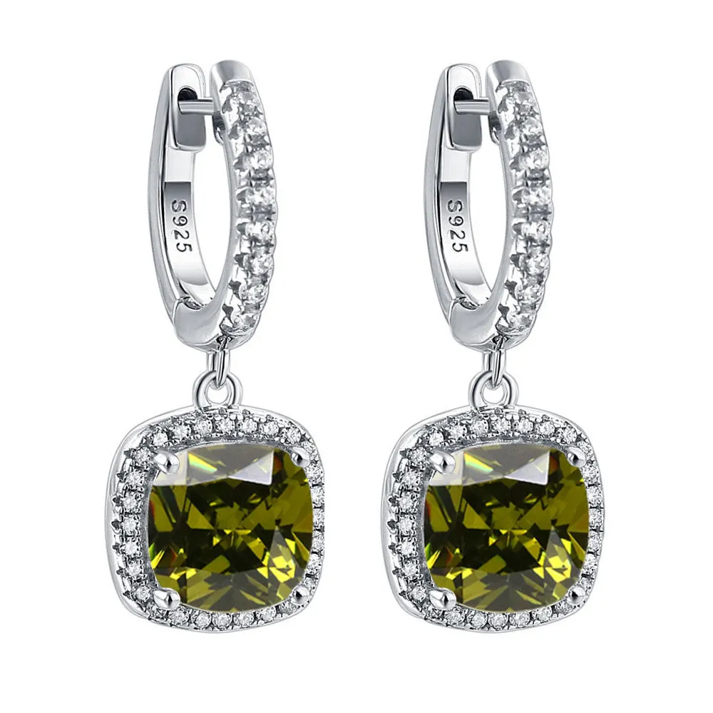 Square Zircon Soleste Halo Pendant Silver Hoop Earrings for Women