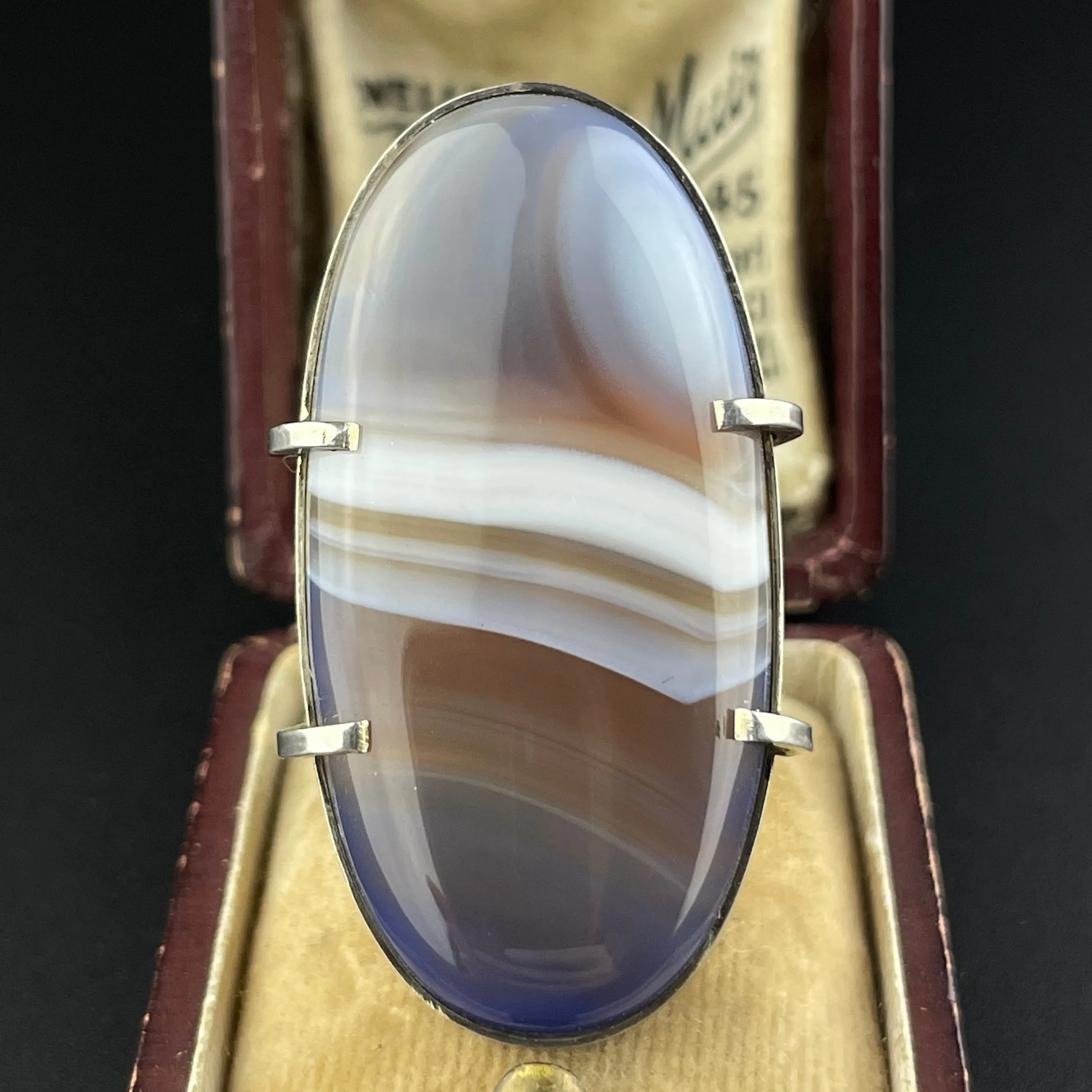 Vintage Silver Banded Picture Agate Statement Ring, Sz 7 1/2