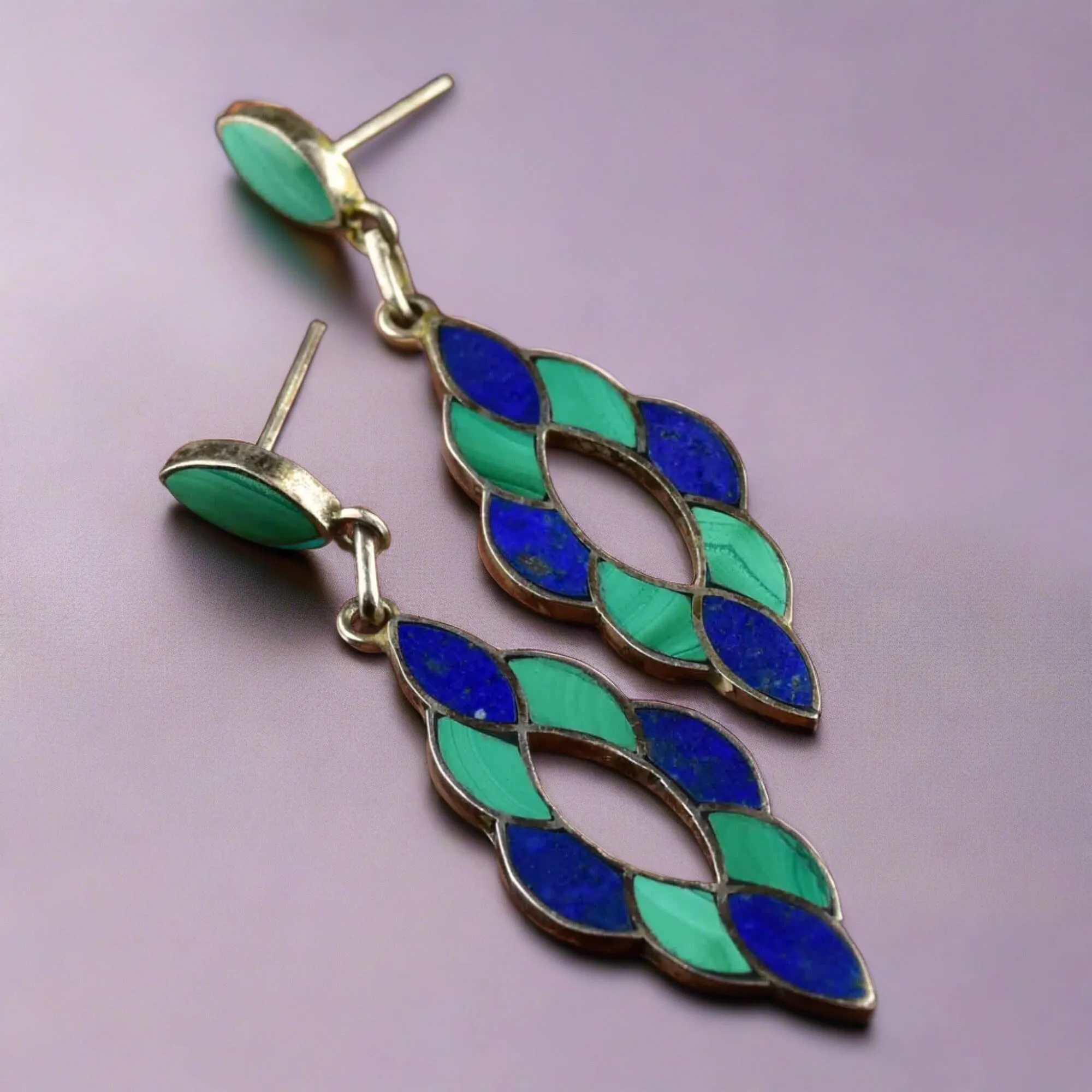 Vintage Silver Lapis Lazuli Malachite Chandelier Earrings