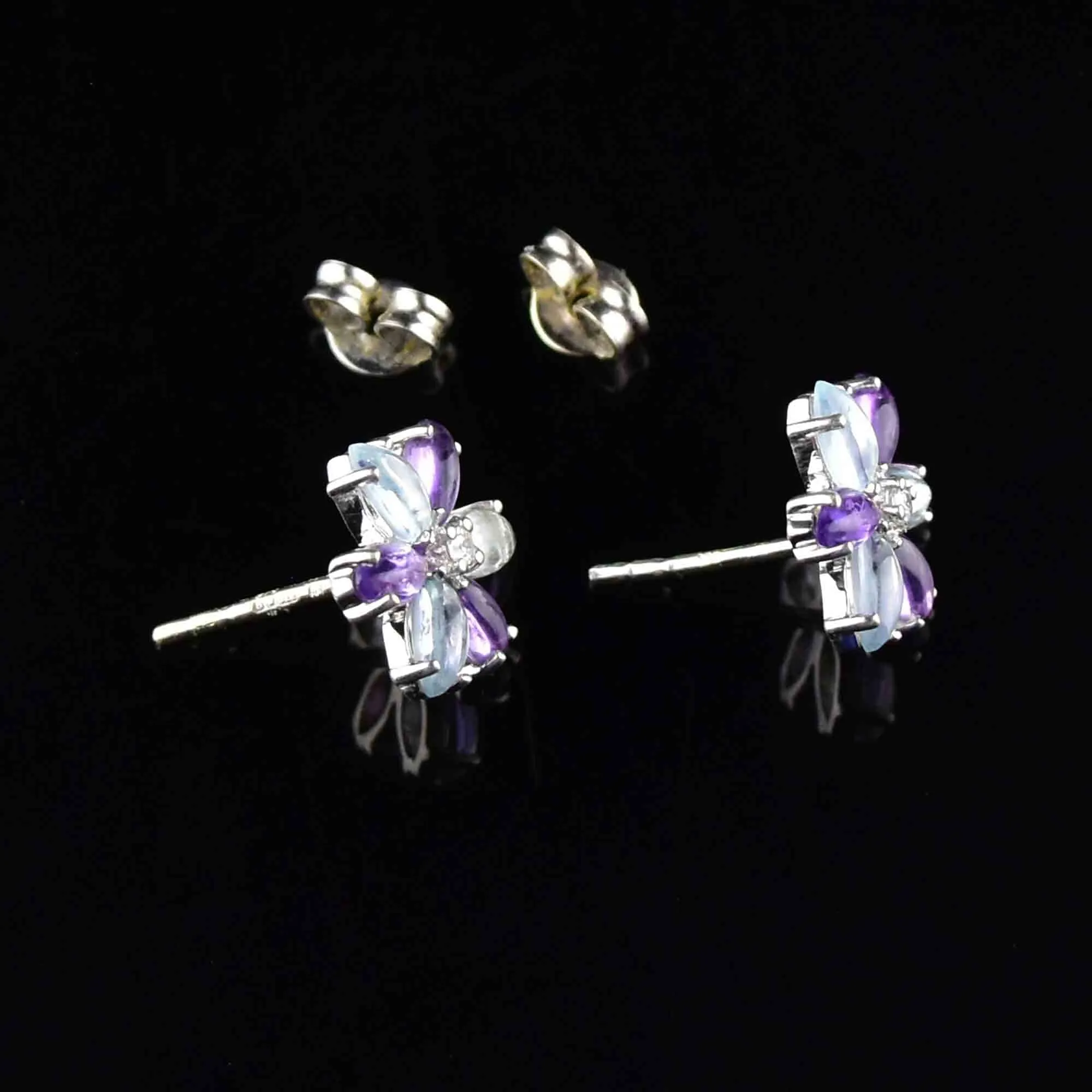 Vintage White Gold Amethyst Aquamarine Flower Earrings