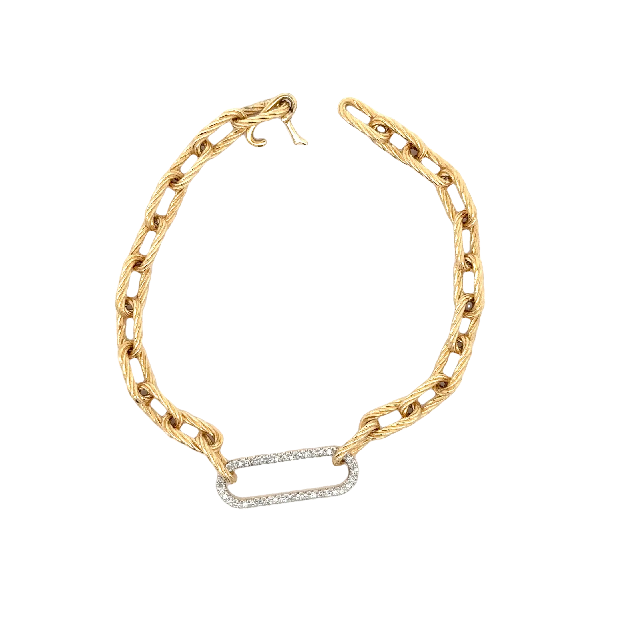 WD1704 14kt Gold Textured Paperlink Bracelet with Large Pave Diamond Paperlink Cluster