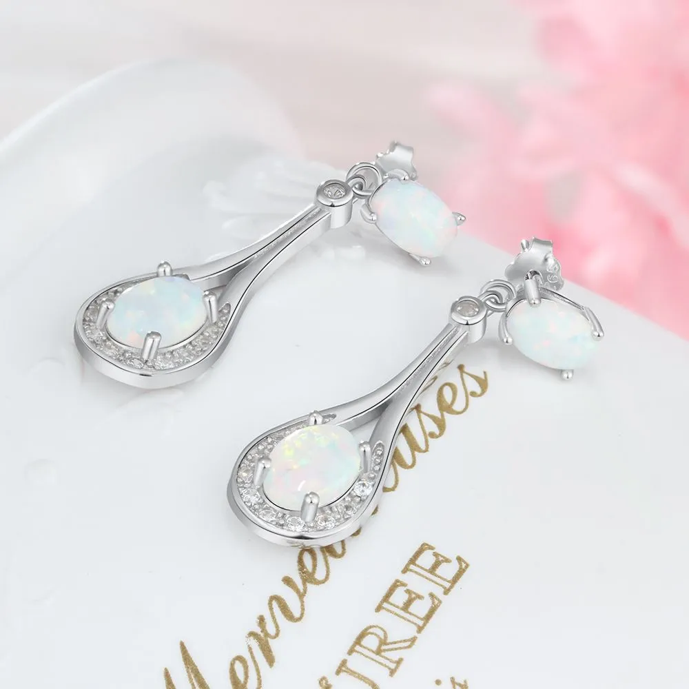 Zircon Water Droplet Pendant Double Oval Opal Sterling Silver Drop Earrings